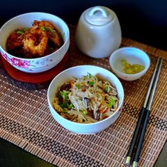 Burnt Garlic Chicken Fried Rice & Prawn Manchurian A picture of Burnt Garlic Chicken Fried Rice & Prawn Manchurian.