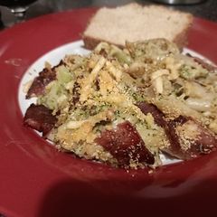 A picture of Cheesy broccoli bacon pastabake.