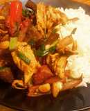Saltado de pollo con berenjena