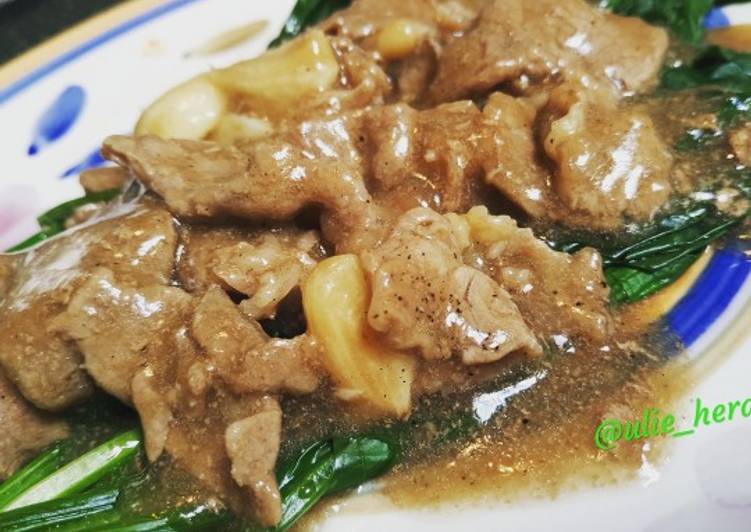 Resep Horenso siram beef dan saus tiram, Enak