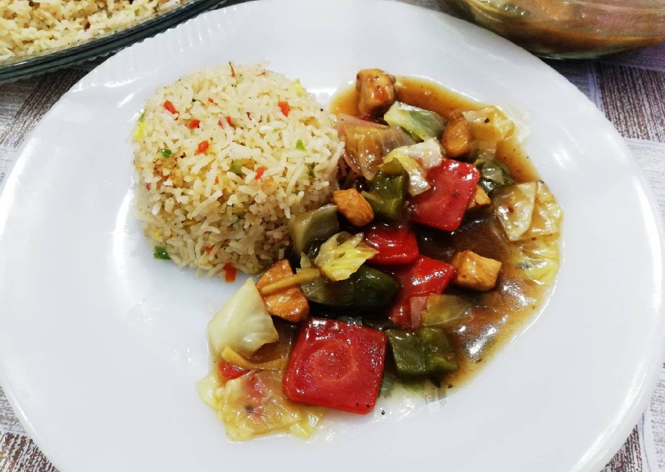 Stir fry chicken with Egg fried rice 🍚