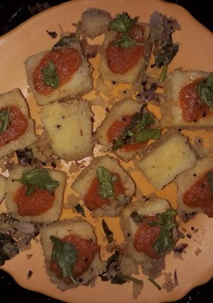 A picture of Dhokla made with rice flour and besan.