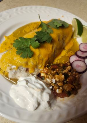 A picture of Brad's Enchiladas Suizas with Grilled Corn Salsa.