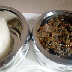 A picture of Pounded yam and egusi soup.