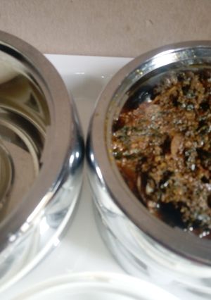 A picture of Pounded yam and egusi soup.