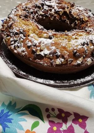 A picture of Ring Cake with Walnuts and Dark Chocolate Shavings.