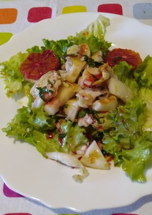 Foto di Seppia grigliata su letto di insalata, condita con salmoriglio