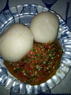 A picture of Okro soup with semo.