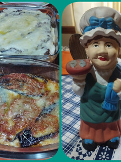 Una foto de 2 preparaciones con berenjenas y tomate frito