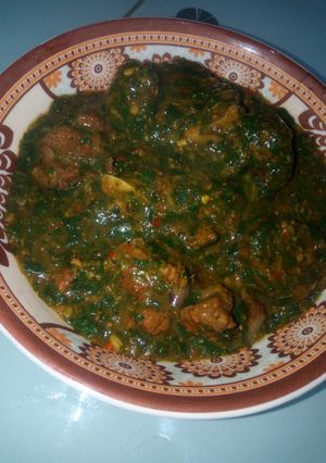 A picture of Fresh moringa and dry okro soup.