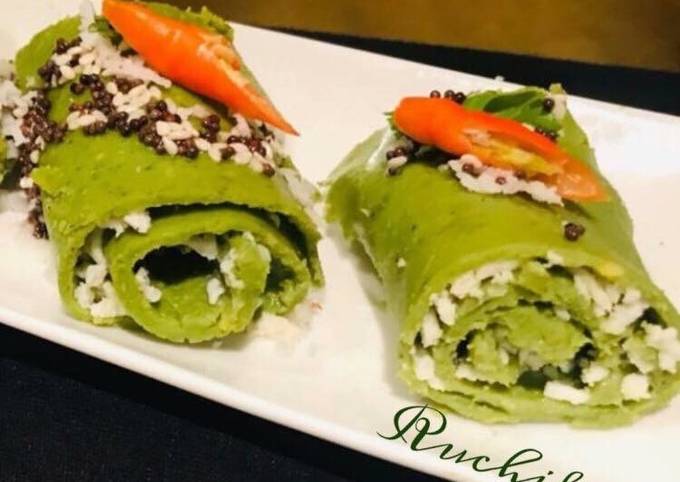 Recipe of Thomas Keller Paneer stuffed palak khandavi