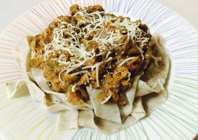 Eggplant Caponata on Eggless Basil Pappardelle