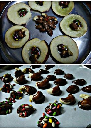A picture of Chocolate coated nuts in Apple rings.