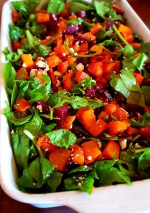 A picture of Butternut, beetroot, spinach and feta salad.