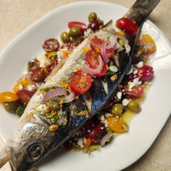 A picture of Brad's whole roasted branzino with sauce vierge.