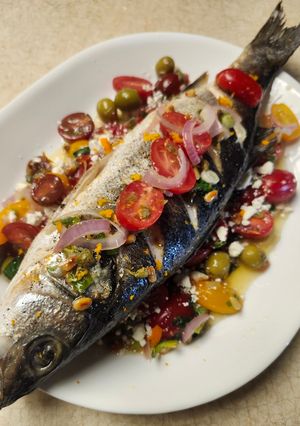 A picture of Brad's whole roasted branzino with sauce vierge.