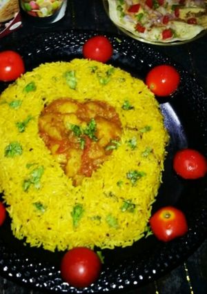 A picture of Zeera Rice with aloo curry in unique style.