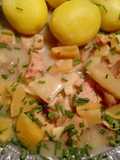 Geschnetzeltes mit Butterrübchen und Apfelspalten in Apfelsaft-Sauce