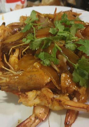 A picture of GRILLED PRAWN with sweet sauce.