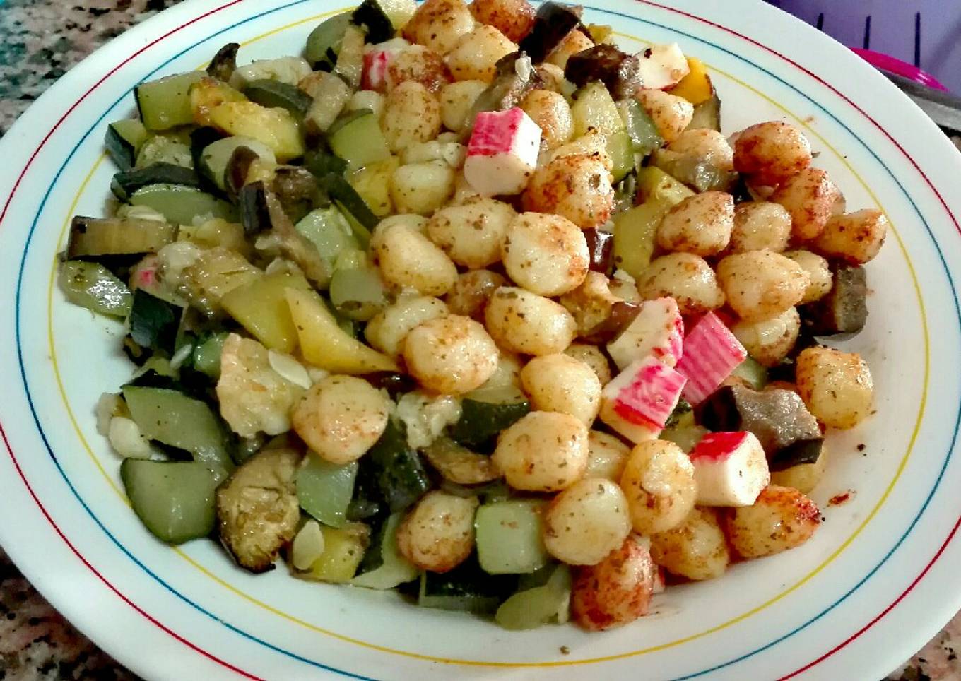 Ñoquis con berenjenas y calabacín al horno