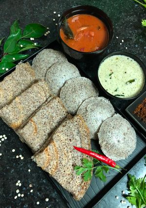 A picture of Jowar (Sorghum) Idli Dosa Combo.