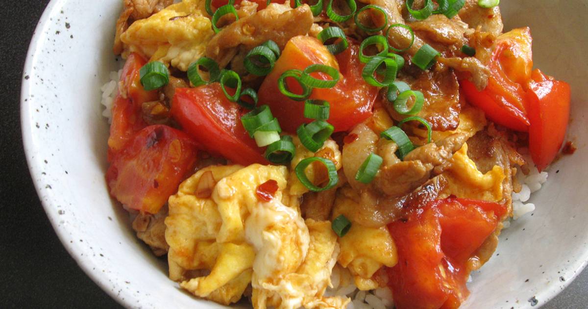 Tomato, Pork & Egg Rice Bowl Recipe by Hiroko Liston Cookpad