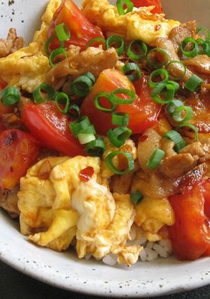 A picture of Tomato, Pork & Egg Rice Bowl.