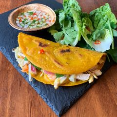 A picture of Vietnamese Crispy Pancakes with Thai Ajard dipping sauce, Can be vegetarian too!.