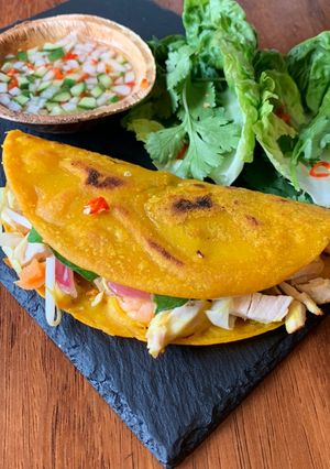 A picture of Vietnamese Crispy Pancakes with Thai Ajard dipping sauce, Can be vegetarian too!.