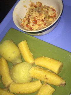 A picture of Boiled potato and plantain and egg sauce.