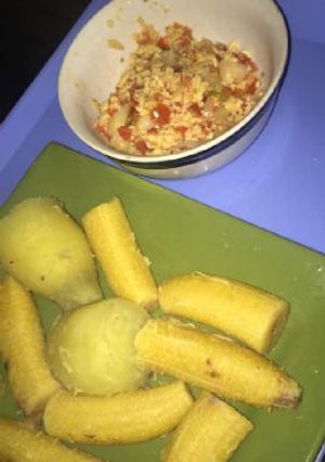 A picture of Boiled potato and plantain and egg sauce.