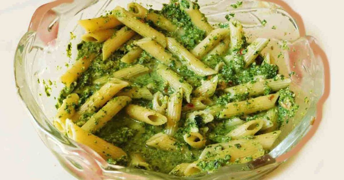Image showcasing Basil Pesto With Penne Rigata Pasta Recipe by Lakshmi Sridharan Ph D ...