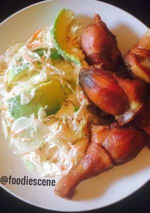 A picture of Avocado Salad and Chicken.