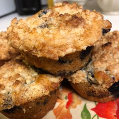 A picture of Blueberry Crumble Muffins, 3 net carbs per muffin.