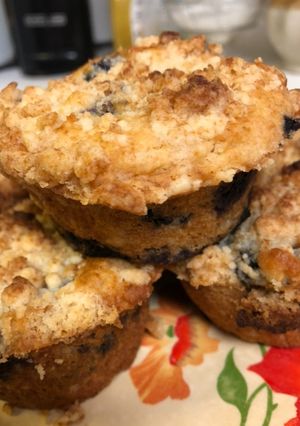 A picture of Blueberry Crumble Muffins, 3 net carbs per muffin.