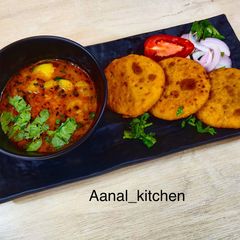 Moong dal kachori with aloo sabji A picture of Moong dal kachori with aloo sabji.