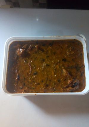 A picture of Ogbono soup with goat meat and dry fish.