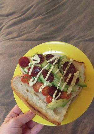A picture of Mediteranean Avocado, Sausage, and Tomato Sandwich.