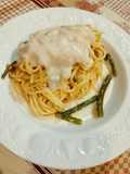 Spaghetti con crema di patate fagiolini e fonduta
