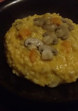 A picture of Pumpkin Risotto with Cremini Mushrooms and Taleggio.