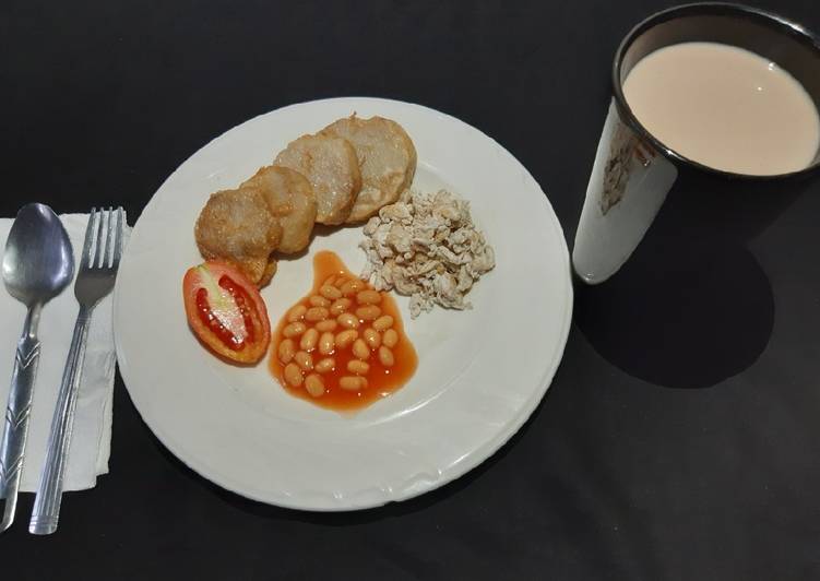 Golden yam, scrambled egg and baked beans