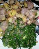 Fried nduma with beef and potato served. with spinach