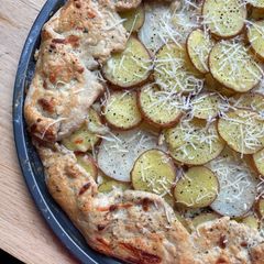 A picture of Leftover potato, cheese and onion galette.