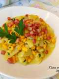 Minestra di patate, mais e pancetta croccante