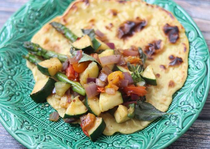 Farinata pancake with harissa spiced mixed vegetable 🥞