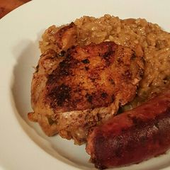 A picture of Spiced Lemon-pepper Chicken and Sausage Risotto.