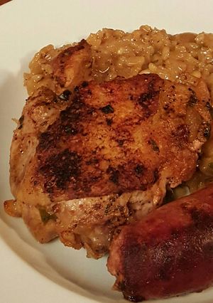 A picture of Spiced Lemon-pepper Chicken and Sausage Risotto.