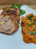 Solomillo, con patatas en salsa romesco