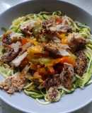 Courgetti with roasted red pepper and smoked mackerel