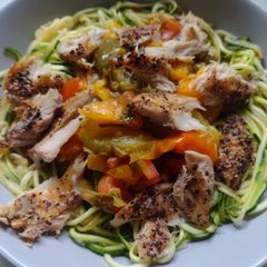 A picture of Courgetti with roasted red pepper and smoked mackerel.